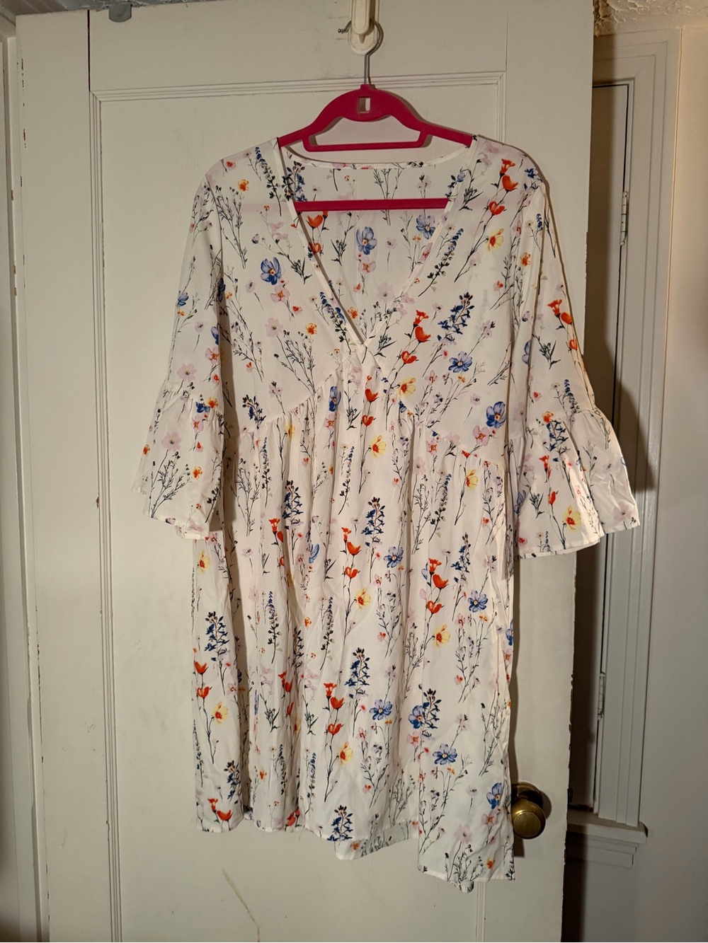 SHEIN White Floral V-Neck Mini Dress with Blue and Orange Blooms